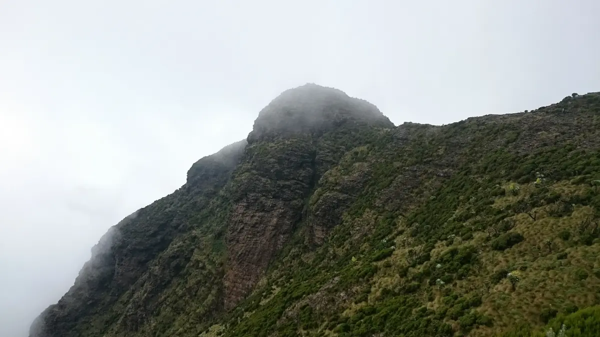 Aberdare peak partly hidden in fog above steep green slopes