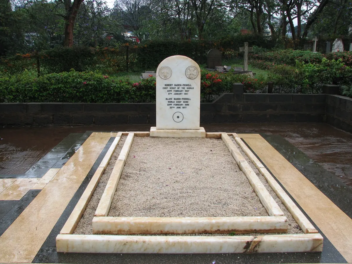 Baden-Powell family grave with white headstone in a tended cemetery garden